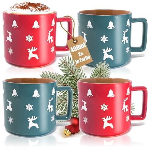 com-four® 4x tazas XL navideñas de porcelana – tazas de 450 ml con motivos invernales – diseño bicolor en verde y rojo (4 diseños navideños - 450 ml)