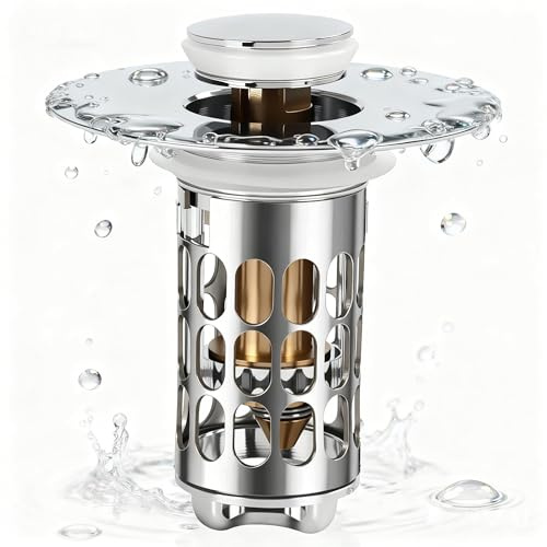 3-in-1 Waschbeckenstöpsel mit Pop-Up Funktion, Abflusssieb & Haarfänger – Edelstahl Sink Stopper für 30-44mm Abflussloch – Bad Waschbecken Drain Stopper, Anti-Verstopfung, Schnellablauf (1)