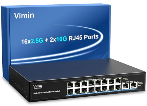 Switch Ethernet 16 Ports 2,5G + 2 Port 10GBASE-T, Vimin 16X 2,5G+2 Ports RJ45 10Gb Switch Non Géré, 2.5G Switch Capacité 120Gbit/s, Commutateur 2,5G/10G Réseau de Bureau/Mural pour NAS, PC, AP