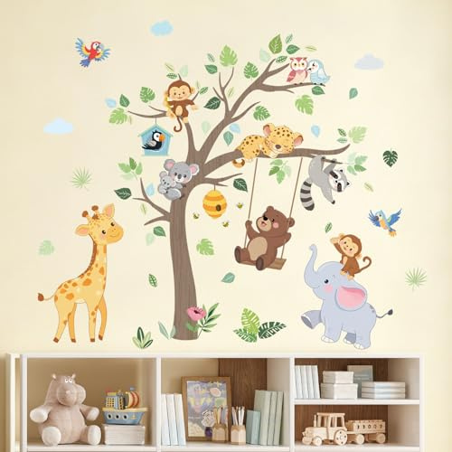 SHUCHING Wandtattoo Dschungel Tiere Baum für Kinder | Wandsticker Tiere Giraffe Elefant, Selbstklebende Wandaufkleber für Kinderzimmer Babyzimmer Spielzimmer Wanddeko