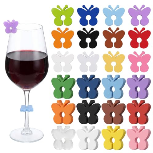 Cobee DOPENSPI 24 Stück Pflaumenblüte Glasmarkierer Silikon, Bunt Gläser Markieren Wiederverwendbar Glasmarker Getränke Glas Markierung Trinkgläser für Weinglas Cocktail Champagnerglas Mart