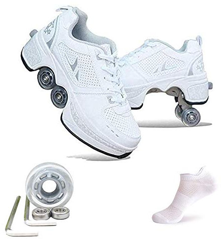 Inline-Skate, 2-in-1-Mehrzweckschuhe, Verstellbare Quad-Rollschuh-Stiefel,White-EU35