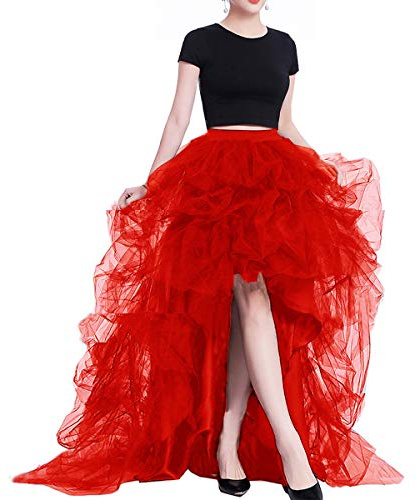 Lisong Women High Waist High Low Layered Tulle Floor Length Spectial Occasion Skirt M Red