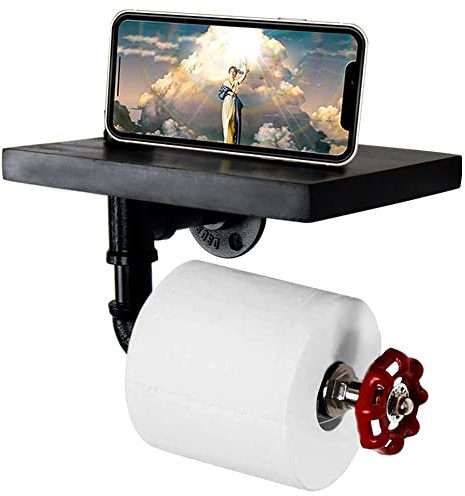JAHQLIGHT Toilettenpapier-Halter Dekoratives Wandregal DIY Industrial Iron Pipe Wandmontierte Toilettenpapierhalter mit Holzregal für Baddekor