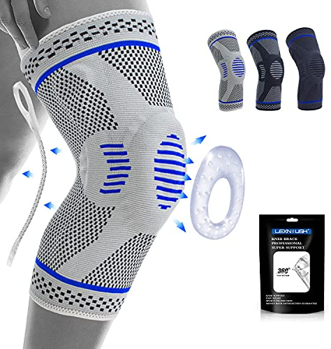 Lexniush Professional Knee Support for Men/Women, Anti Slip Knee Brace Compression Sleeve with Patella Gel Pads & Side Stabilizers for Arthritis,Knee Pain,Meniscus Tear,ACL,Running,Sports Grey XL