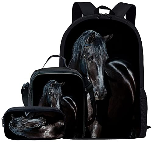 Kuiaobaty Set di zaini per la scuola per ragazze e ragazzi 3 in 1 con borsa per il pranzo e astuccio per scuola media universitaria, Cavallo nero, Taglia unica, moderno