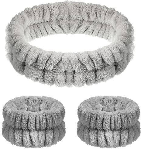 Chuangdi 3 Stück Spa Gesicht Stirnband Handgelenk Waschbänder Set Weiches Makeup Haarband Elastisch Handgelenk Schweißband Flauschiges Kosmetik Stirnband für Damen Mädchen (Grau, Reiner Stil)