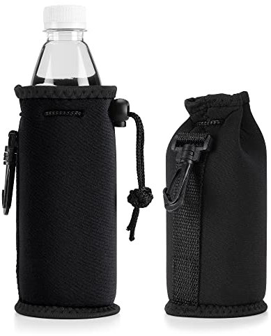 kwmobile Cooler Jacket for Bottles - Neoprene 500ml Bottle Cooler with Clip for Bags and Drawstring Closure - Set of 2, Black