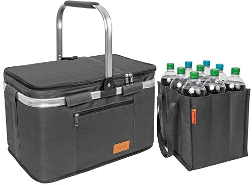 Einkaufskorb faltbar 35L + Flaschentasche 9 Fächer bis zu 1,5L Flaschen | Set Kühltasche groß isoliert & wasserdicht + Flaschenkorb: Lunchtasche Flaschenträger Thermotasche Bottle Bag