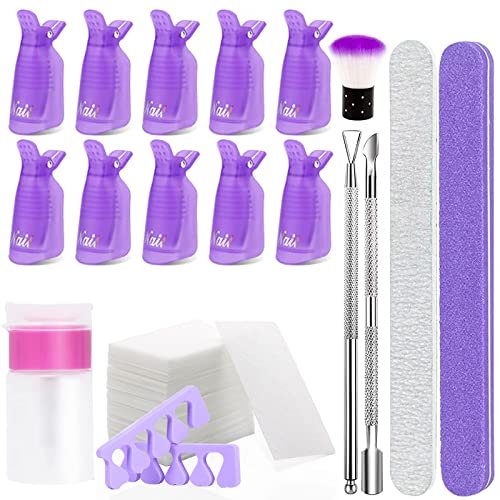 Aubeifou Outils de Dissolvant pour vernis à ongles,10 pinces,grattoir, poussoir à cuticules,limes à ongles,brosse,séparateurs à doigts,100 tampons en coton,flacon de distribution