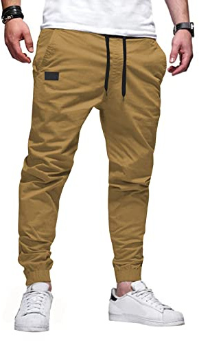 JMIERR Mens Casual Joggers Pants - Cotton Drawstring Chino Cargo Pants Hiking Outdoor Twill Track Jogging Sweatpants Travel Essentials Pants with Pockets for Men, L D Khaki