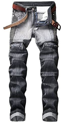 DGHM-JLMY Men's Street Motorcycle Wrinkle Slim Stretch Jeans Personality Bikes Denim Riding Pants Motorbike Knee Hip Jeans (Dark Gray,38)
