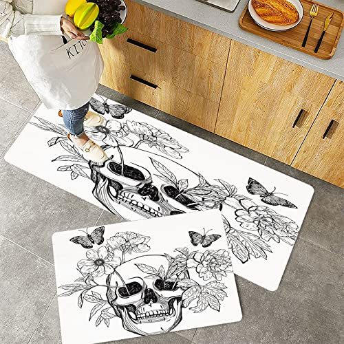 Küchenteppich Teppich Läufer Küchenläufer 2 Stück rutschfest,Tag der Toten Dekor, Totenkopf mit Blüten und Schmetterlingen Vintage Gothic Print, schwar, Waschbar für Flur Küche 40 x 100 cm+40 x 60 cm