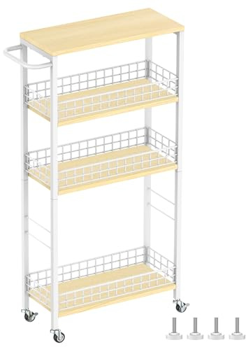 YBING Slim 4 Tier Kitchen Storage Trolley White Narrow Laundry Trolley on Wheels and Wooden Shelf Mobile Bathroom Storage Rack Small Space 18.5cm Wide