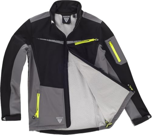 WORKTEAM Chaqueta Softshell, Corta Vientos Y Repelente al Agua, con Detalles Reflectantes, Forro Polar Interior, Transpirable y Resistente al Desgarro. Unisex Negro+Gris-XL
