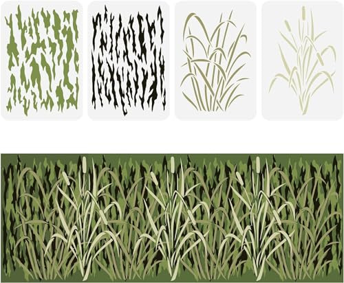 FINGERINSPIRE 4 Stück Rinde Camouflage Schablone 29.7x21cm Camouflage Gras Rinde Schilf Muster Schablonen Kunststoff Wand Camo Schablone Kit wiederverwendbare DIY Kunst und Handwerk Schablonen