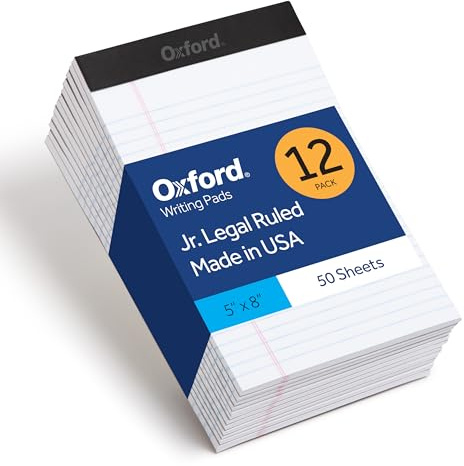 Oxford Legal Pads, 12 Pack, Premium Note Pads, 50 Legal Ruled 5 x 8 Sheets, Bright White Paper with Firm Back, Small Portable Notepads