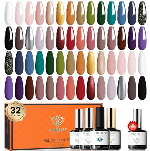 MODELONES 32Pcs Gel Nail Polish Set, 28 Colors All Seasons Gel Polish with Glossy& Matte Gel Top Coat No Wipe Base Coat Nail Primer Kit Nude Pink Brown Black Green Glitter Colors Nail Polish Gift DIY