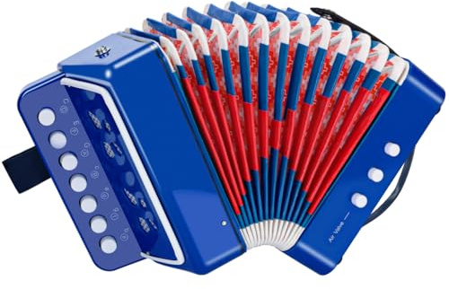 Akkordeon Kinder, 10 Tasten Ziehharmonika Knopf Akkordeon mit Riemen, Ziehamonikar Musikinstrument Geschenk für Anfänger, Akkordeon Erwachsene und Kinder ab 3 Jahre, Blau