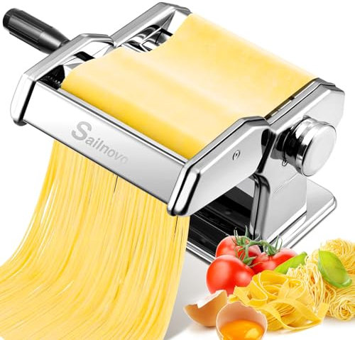 Sailnovo Maquina Para Hacer Pasta, 180 aleación de aluminio Maquina Pasta Fresca, con 9 Ajustes de espesor ajustables y 2 máquinas de corte, Maquina Pasta es muy adecuado para pasta(Plata)
