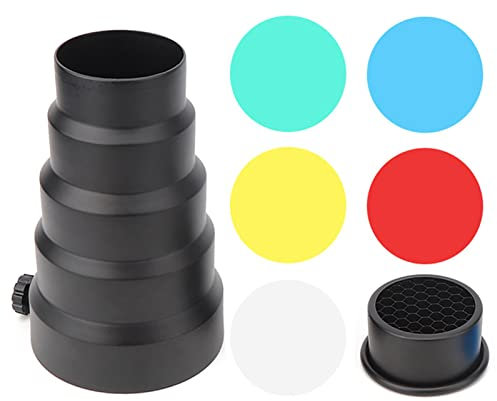 Cyrank Kit Snoot Conico in Lega di Alluminio con Griglia a Nido d'Ape E Filtri Colorati da 5 Pezzi per Flash Fotografico Monoluce Stroboscopico da Studio con Attacco Bowens