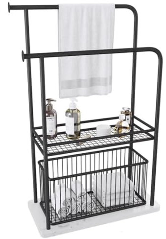 Porte-Serviettes de Salle de Bain sur Pied Porte-serviettes Autoportant Avec Panier À Linge Porte-serviettes En Métal À 2 Niveaux Avec Étagère De Rangement Base En Marbre échelle Porte Serviette ( Col