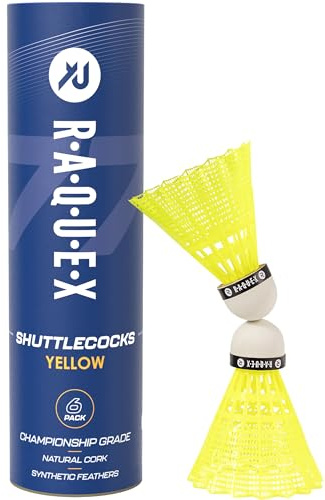Raquex-badmintonbollar i nylon – Rör med 6 naturliga fjäderbollar av naturkork – Tre hastigheter – Vita eller gula fjäderbollar, inomhus utomhus hållbara badmintonbollar