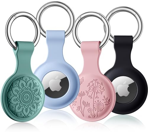 Dirrelo 4er Pack Airtag Anhänger Kompatibel mit Apple AirTags Schlüsselanhänger, Blumen Gravierte Silikon Airtag Hülle Case, Kratzfeste Airtag Halter für Air Tag Tracker mit Keychain Key Ring,A