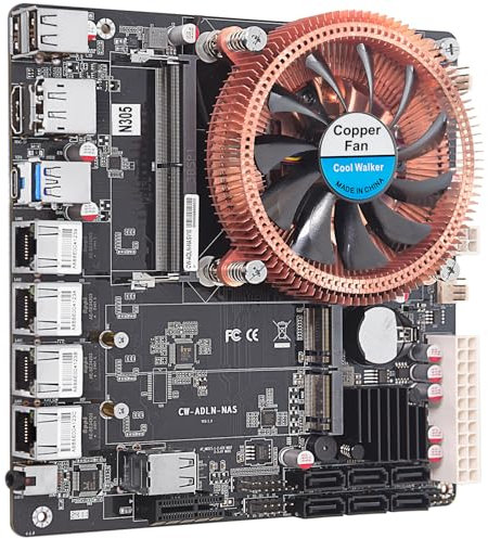 N305 NAS Motherboard, NAS Mainboard, Mini ITX Mainboard mit Intl i3 Prozessor, 4*Intl i226 2.5G LAN 6*SATA3.0 1*DDR5 2*M.2 NVMe 3.0x1, Mini ITX Board mit Lüfter