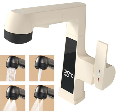 Wasserhahn Bad Ausziehbar,Waschtischarmatur mit Herausziehbarer Brause,Einhebelmischer Waschbecken Armaturen mit 4 Wasserstrahlarten, Badarmatur Beige