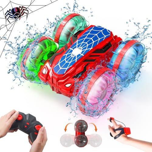Amphibienfahrzeug Ferngesteuert Auto ab 3 4 5 6 7 8 Jahre, Spider Ferngesteuertes Auto mit Handsteuerung, Gestensensor Spielzeugauto mit Lichtern & 360° Drehung, Pool Spielzeug Wasserspielzeug