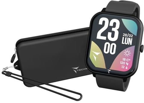 TECHMADE Smartwatch Glow, orologio digitale con pochetta incluso, schermo rettangolare full touch, chiamate, notifiche, funzione SOS, sport, compatibile con IOS e android (NERO)