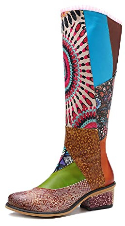 SOCOFY Bottes à genouillères en cuir pour femmes, bottes à talons bloc vintage bohémiennes faites à la main, bottes plates jusqu'au genou pour l'hiver, bottes de neige
