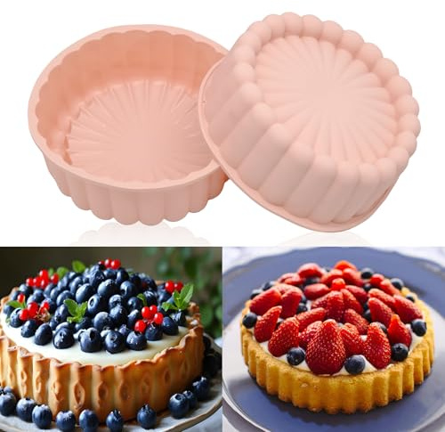 FORYNXHWIN 20 cm silikonbakform, 2 stycken solros rund silikonform, kakform, 20 cm, silikonformer, kakform, silikon, bakformar, runt set, för skiktkakor och ostkaka (rosa)