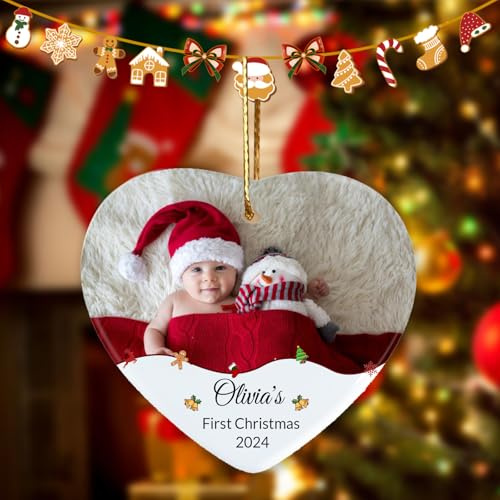 Personalisierte Baby-Weihnachtskugel 2024, Baby-1. Weihnachtskugel, personalisierbar, Baby-Foto, Weihnachtsdekoration, Geschenk für Neugeborene von Mama und Papa (Herz)