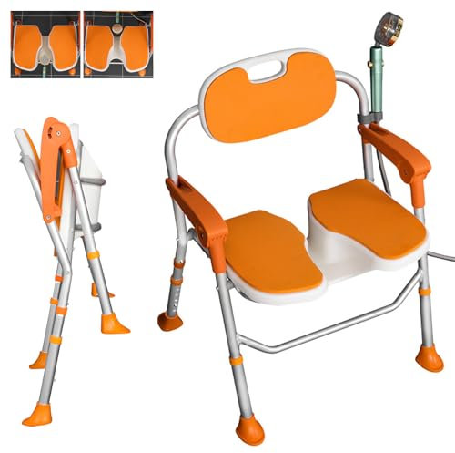 Duschstuhl für Senioren, Duschstuhl Klappbar, Duschstuhl mit Armlehnen und Rückenlehne, Höhenverstellbarer Duschhocker für Senioren für Erwachsene, Rutschfester Duschsitz, Belastbar bis 180kg