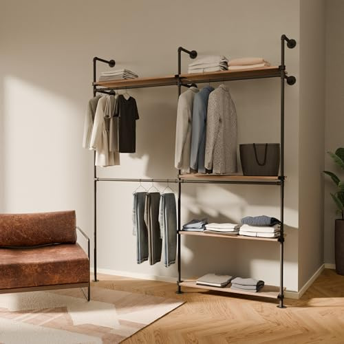 pamo Offener Kleiderschrank Wandmontage – 360 kg Traglast | 201 x 222 cm | Industrial Begehbarer Kleiderschrank System mit Eichenholz-Regal | Wandsystem aus Wasserrohren Metall schwarz | 201 x 222 cm