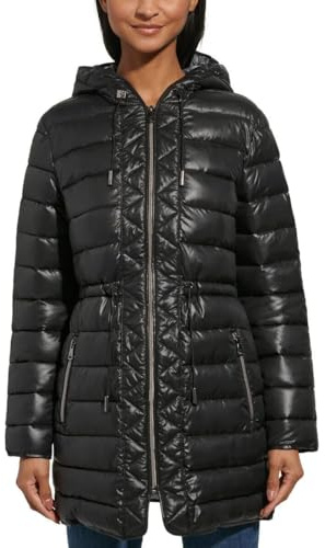 Kenneth Cole Women's Hooded Quilted Long Puffer Jacket Coat (US, Alpha, X-Small, Regular, Regular, Black)