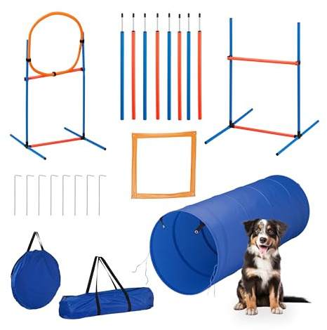 Relaxdays Agility Set, für Hunde, 76-TLG., Hürden höhenverstellbar, Sprungring & Slalomstangen, Tragetasche, blau/orange