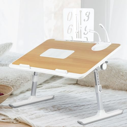 WODFARR Tavolo da letto per computer portatile, supporto regolabile in altezza e angolo, piano letto con cassetti e porte USB, ventilazione, pieghevole, inclinabile, 60 x 40 x 40 cm (giallo noce, XL)