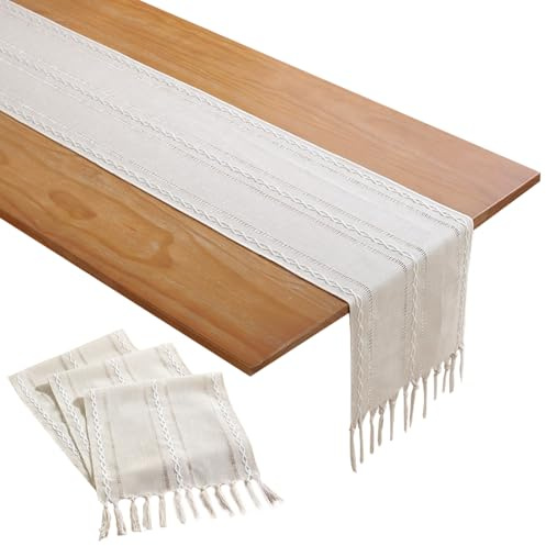 EDLMKM Boho Table Runner, Farmhouse Table Decoration, Boho Cream Tassel Table Runner, 183cm Long with Tassels, for Holiday Parties and Everyday Use
