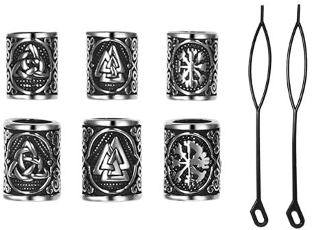 Hair Beads Beard Set: 6PCS Silver Black Nordic Runes Tube Beads Metal Clips Cuffs Rings Loc Jewelry for Men, Women, Dreadlock Braiding Braid Accessories