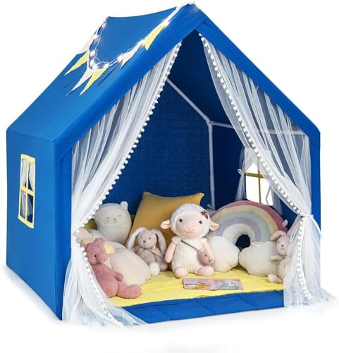GOPLUS Tienda de campaña para niños con Alfombra, Luces de Estrellas, Ventana y Cena, casa de Juegos Interior para 2 niños, casa de Juegos para niños y Sala de Juegos, 122 × 105 × 125 cm (Azul)