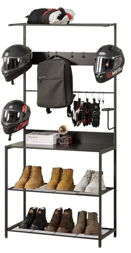 Standora Motorcycle & Sports Helmet Rack & Gear Organizer – Fits 7 Helmets, Jackets, Boots & Gloves – Heavy-Duty Steel + Wood Storage Shelf for Home or Garage