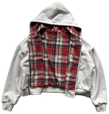yssgtt Herren Hoodie mit Reißverschluss Reversible Karierte Jacke Y2K Kapuzenpulli Kapuzenjacke