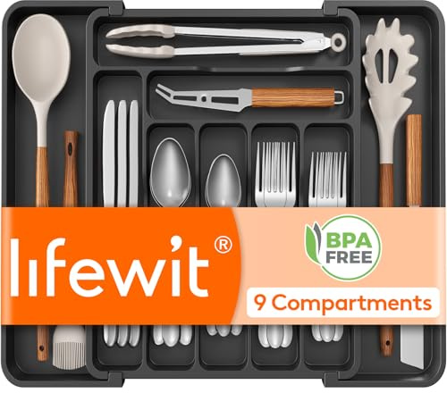 Lifewit Adjustable Cutlery Drawer Organiser with 9 Compartments, Expandable Kitchen Utensil Tray for Forks Spoons and Knives, Plastic Storage, 31-48 x 35cm, Black