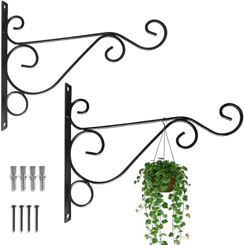 hautllaif 2 Pack 25cm Hanging Basket Brackets Outdoor,Heavy Duty Wall Hooks for Plants,Bird Feeder,Wind Chime,Rustproof Metal Garden Bracket Set with 4 Hooks