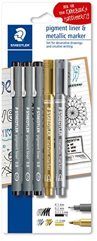Staedtler 308 SBK3AC Handlettering-Set (3 Fineliner Pigment Liner, 2 metallic Marker), Schwarz