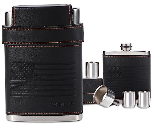 GENNISSY 8oz Hip Flask for Men - 304(18/8) Stainless Steel Bourbon Whiskey Flask, Leakproof with American Flag Leather Wrap - Includes Funnel & 3 Mini Cups for Gifts Travel