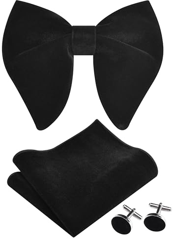 GUSLESON Solid Black Bow Ties For Men Velvet Pre-tied Bowtie and Pocket Square Cufflink Sets Adult Gifts (0571-18)